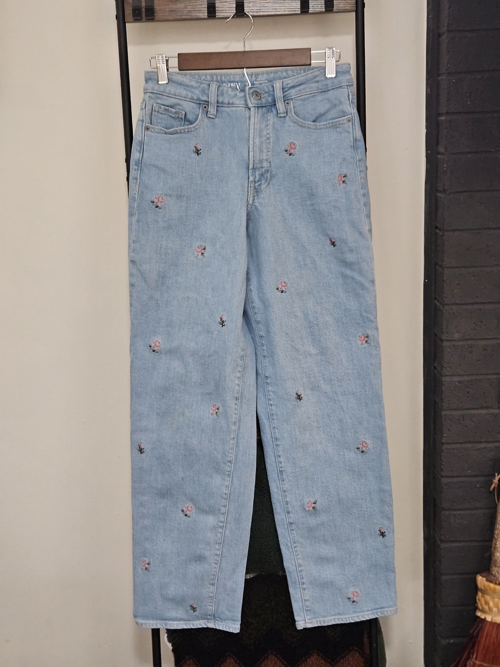 Old Navy Light Blue Straight Leg Jeans with Pink Rose Embroidery